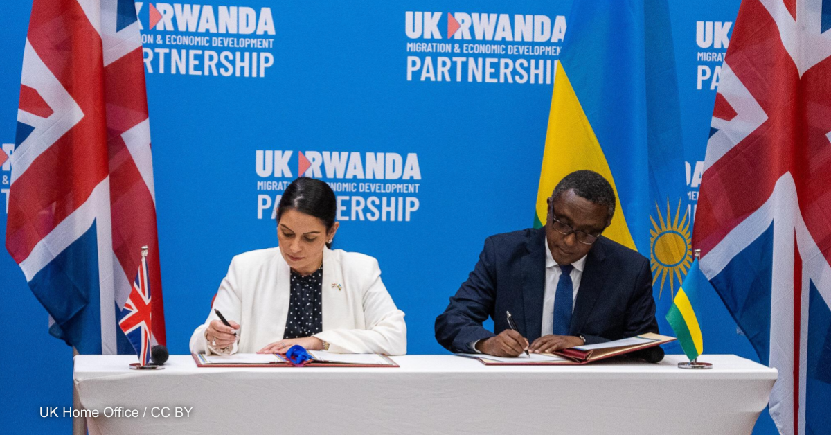 U.K. Home Secretary Priti Patel and Rwandan Minister Vincent Biruta sign the migration and economic development partnership between the U.K. and Rwanda.