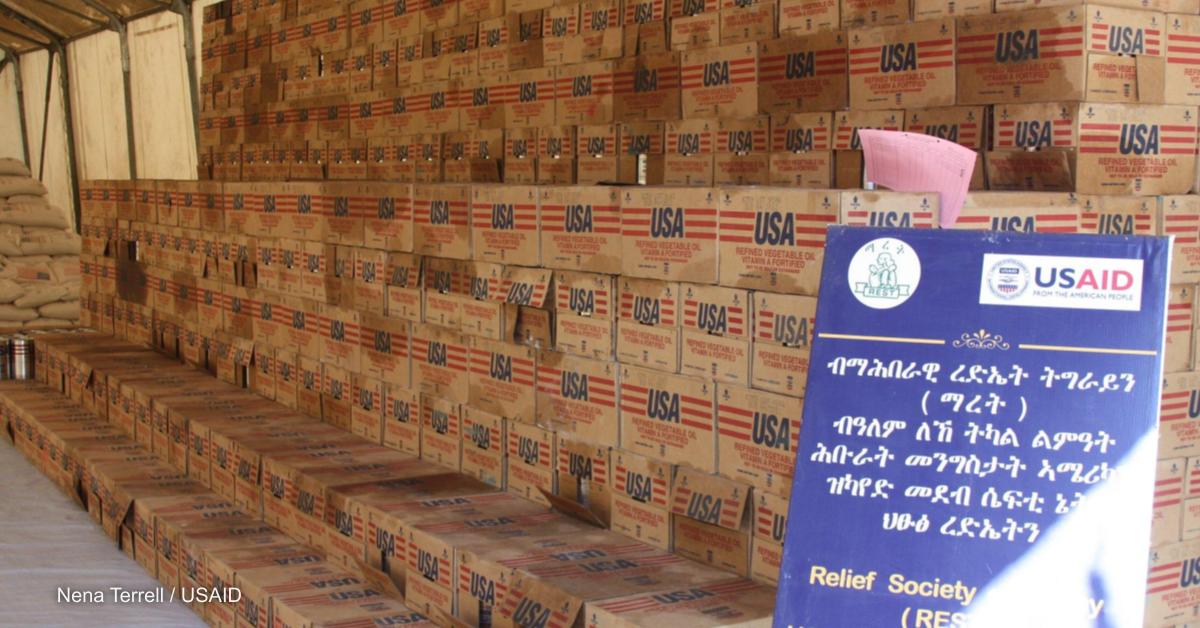 USAID-provisioned vegetable oil is stored in Tigray, Ethiopia for dispersement.