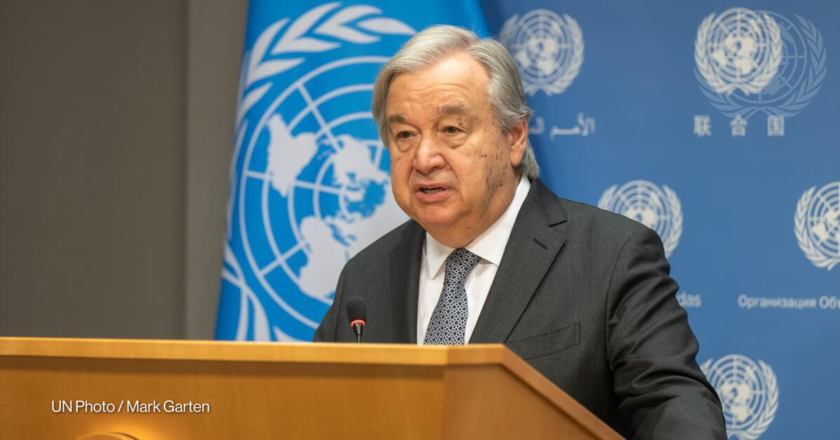 United Nations Secretary-General António Guterres on a podium briefing reporters on the Black Sea grain initiative in May 2023.