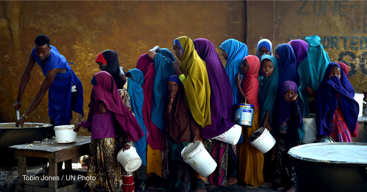 Young girls line up at a feeding centre in Mogadishu, Somalia.